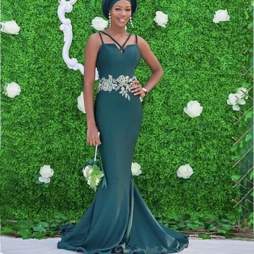 YiMinpwp Teal Mermaid Bridesmaid Dresses Spaghetti Straps Sweep Train Appliques Sash Garden Wedding Guest Party Gowns Custom