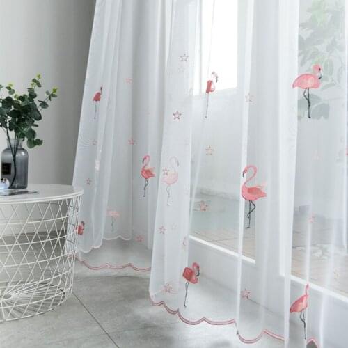 Nordic Curtains for Living Room Bedroom Ins Style Flamingo Embroidered Childrens Room Pink curtains Flat Embroidery Tulle