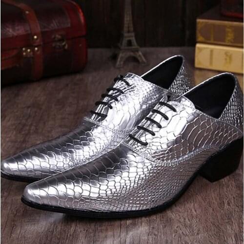 Luxury Snake Pattern Pointed Toe Fashion Men Lace-up Dress Shoes Male Genuine Leather Gentleman Party Bar Nightclub High Heels
