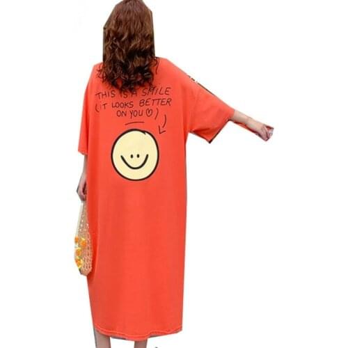 Vefadisa Blue Red Women Cotton Dress 2021 Newest Women Smiling Face Dress Female Summer Long T Shirt Dress ZQY060B