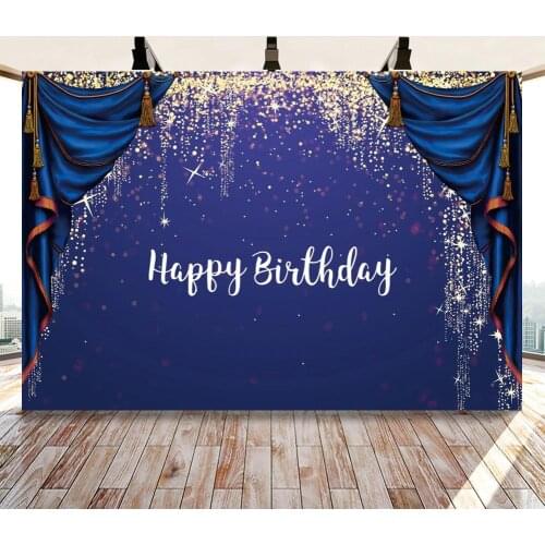 Royal Blue Curtain Glitter Happy Birthday Photography Backdrop Light Bokeh Newborn Kids One Year Event Party Table Background
