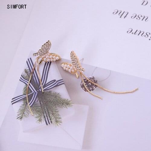 Womens 925 Silver Pin Earring Pearl Butterfly Long Tassel Elegant Fashion Simple Personality Alloy Decoration Jewelry Gift