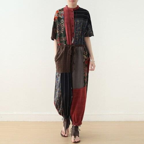 Johnature Women Print Floral Bandage Jumpsuits Cotton Linen 2021 Summer New Button Short Sleeve Vintage Women Cloths Jumpsuits