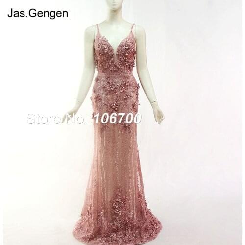 Amazing 3D Embroidery Lace with Beaded Stones Evening Dress robe de soiree Deep V Neck Spaghetti Strap Mermaid Bridal Prom Gown