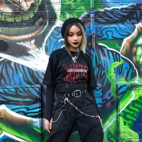 % 100 Katoen Punk Puur Katoenen T-shirt Losse Street Style Harajuku Brief Print Zomer Mode Halve Mouw Casual Retro Dame Zwart