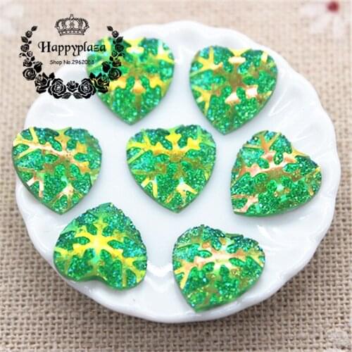 100PCS 12mm Snowflake Surface Green Heart Flatback Cabochon Resin Accessories DIY Decorative Button Scrapbooking