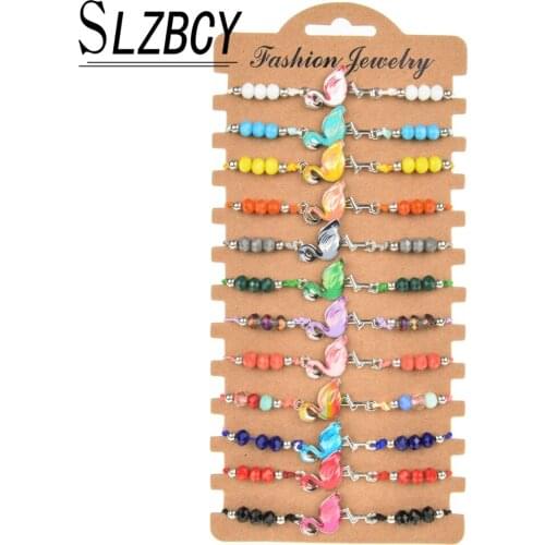 12 pcs/set Colorful Flamingo Charm Bracelets Set Women Kids Handmade Braided Crystal Beads Bracelet Adjustable Wristband Jewelry