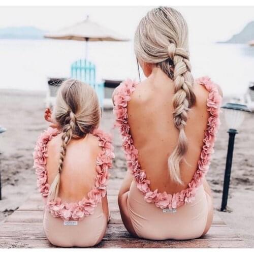 Petal Backless Matching Mother And Daughter Swimsuit Family Look Mommy Me Women Kids Bikini Swimwear Clothes Beach Bathing Suit