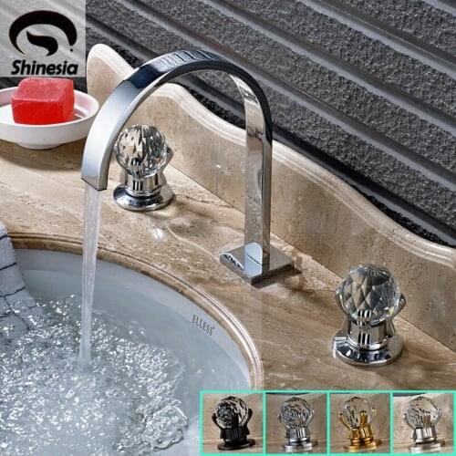 Shinesia New Style Bathroom Sink Faucet Widespread 3pcs Basin Mixer Tap with Double Crystal Handle