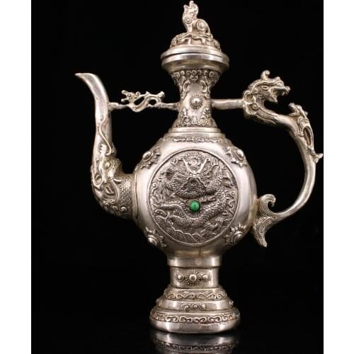 9"Chinese temple collection Old Bronze Gilt silver mosaic Gem Dragon statue kettle teapot flagon Town House Exorcism