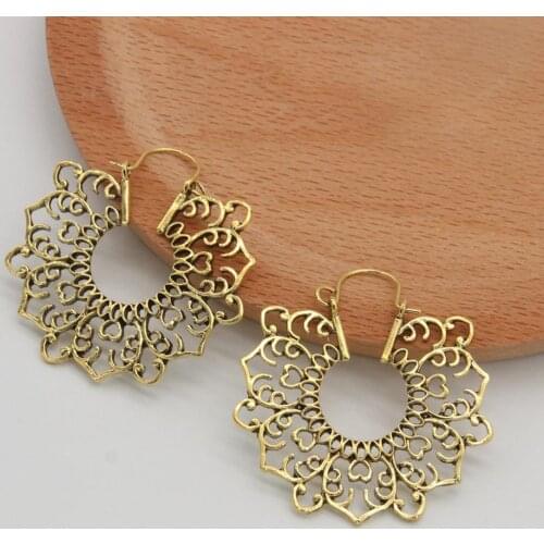 Antique Silver Color Indian Tribal Ethnic Hoop Pendant Mandala Openwork Flower Earrings Bohemian Ornaments Flower Love Earrings