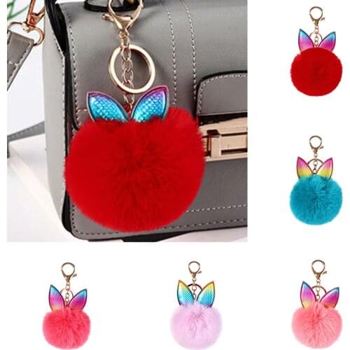 13Colors Cute Pom Pom Fur Ball Keychain Rabbit Ear Keyring Bag Charm Animal Decor Keychain Pendant Cute Women Accessories
