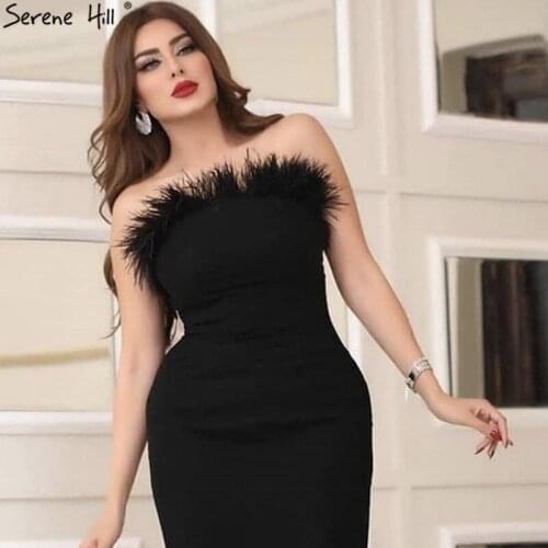 Black Feathers Strapless Sexy Simple Evening Dresses 2020 Off Shoulder Mermaid Jersey Formal Dress Serene Hill LA70362
