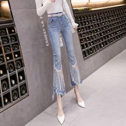 2021 Spring Versatile Chic Women Casual Rhinestones Jeans Flare Pants Stretch High Waist Bell Bottom Tassel Denim Trousers X51