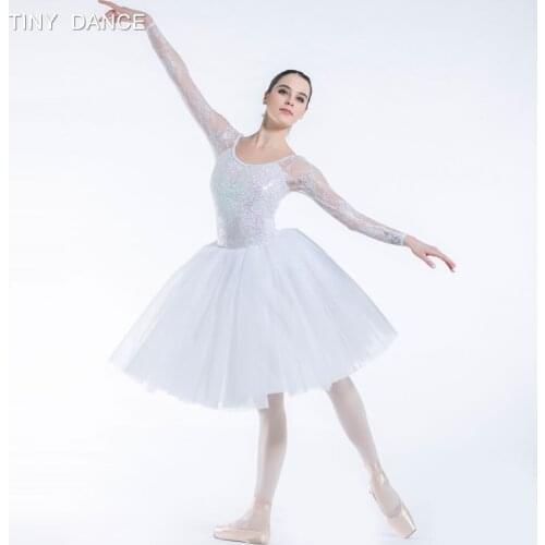 Long Sleeve Sequin Lace Bodice Ballet Dance Tutu Ballerina Costume Leotard Dress for Girls and Women Stage Performance 19501