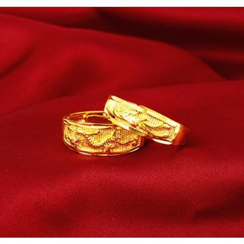 Real 14K Yellow Gold Plated Statement Ring Delicate Dragon Phoenix Couple Rings for Men Women Wedding Engagement Fashion Jewelry