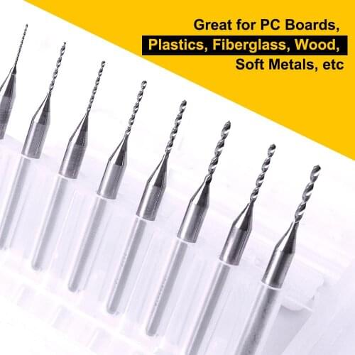 10 PCS 0.3-1.2mm Micro Carbide Drill Bits Set for PCB CNC Circuit Board Dremel Jewelry Rotary Tool for PC Boards Plastics