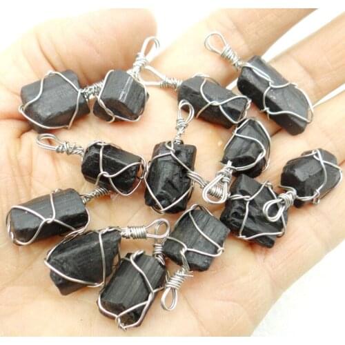 Natural Black Tourmaline Wire Wrapped Irregular Shaped Pendants Chakra Healing Point Reiki Raw Gemstone Jewelry Making 4PCS