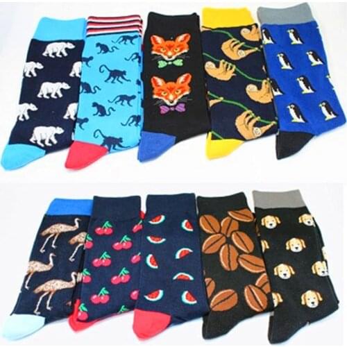 Pure Cotton Mens Creative Middle Tube Couple Socks Cartoon Animal Fruit Flower Dog Color Striped Alphabet Cherry Watermelon Fun