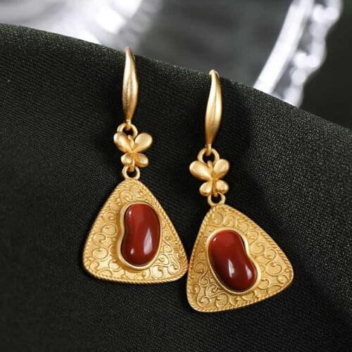 New Arrival S925 Silver Triangle Earrings Natural Red Agate Bean Dangle Earrings