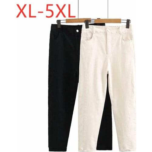 New 2021 Ladies Spring Summer Plus Size Cropped Pants For Women Large Slim Pocket Beige Elastic Cotton Trousers 3XL 4XL 5XL