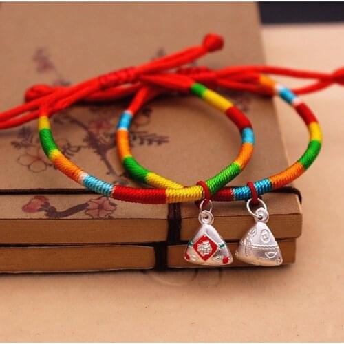 New Vintage Colorful Bracelet Full Silver Blessing Pendant Woven Red Hand Rope Childrens Cute Ethnic Style Gift Women Jewelry