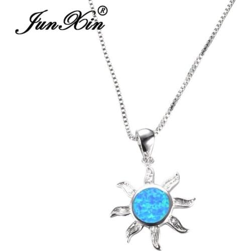 JUNXIN Charming Sun Design Blue Fire Opal Pendants Necklaces For Women Silver Color Necklace Gift Fashion Jewelry