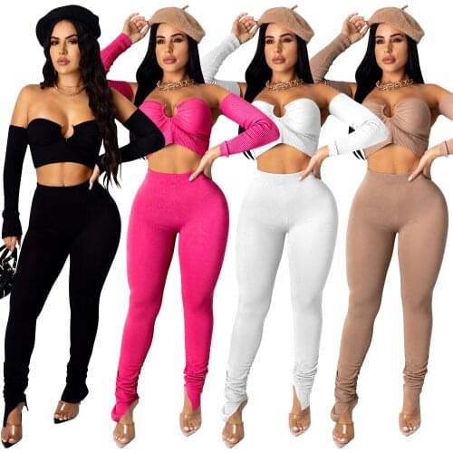 Echoine Fall Women Sexy Ribbed Set Plunging Neck Crop Top Stacked Flare Pants Set Tracksuit Club Party Two Piece Fitness Outfit