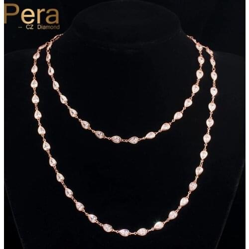 Pera Adjustable Size 585 Rose Gold Choker CZ Crystal Long Link Sweater Chain Bohemian Necklace for Ladies Anniversary Gift P015