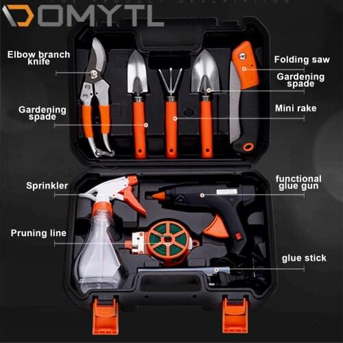 Portable 10pcs Hardware Toolbox Home Garden DIY Tool Combination Glue Gun Scissors Rake Handsaw Sprayer Kit