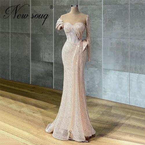 Middle East Beaded Evening Dresses Customized Pleats Prom Dress Single Sleeve Formal Celebrity Dress Dubai Party Gowns Vestidos