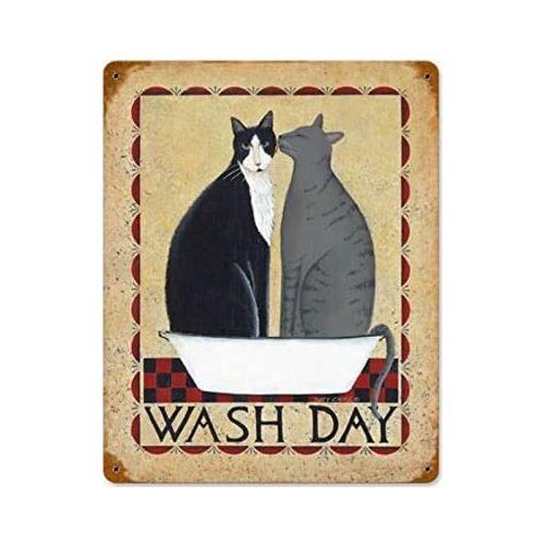 Wash Day Cats. Tin Sign Vintage Iron Painting Metal Plate Personality Novelty Cat Vintage Poster 8X12 Inch