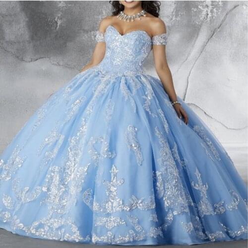 Light Sky Blue Strapless Quinceanera Dresses 2021 Off Shoulder Sweetheart Appliques Sequins Princess Party Sweet 15 Ball Gown
