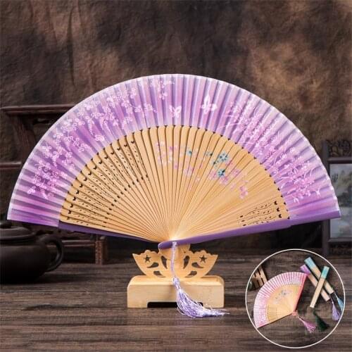 Vintage Silk Fan Chinese Style Dance Folding Fan Bamboo Hand Held Fan Wedding Party Home Decoration Ornaments