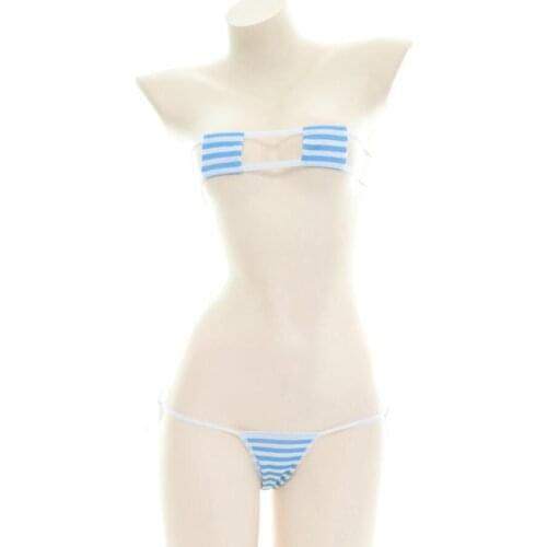 Japanese Sexy Lingerie Lolita Kawaii Blue Pink White Striped Mini Bikini Adult Cosplay Erotic Costumes Bra Women Underwear Set