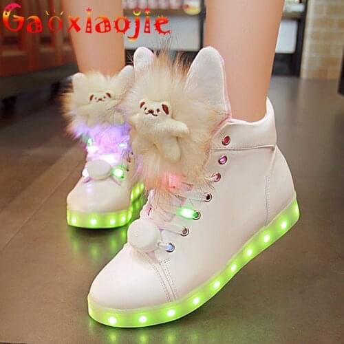 Women Shoes 2021 New Cute Plush Bear USB Charging Luminous High Help Female Casual Shoes Colorful LED Luminous Ghost Step Shoes