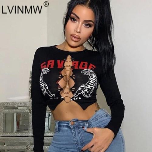 LVINMW Hollow Out Slim Gothic O Neck Long Sleeve Top Women Metal Ring Animal Printed Sexy Vintage Tops Women Tees Streetwear