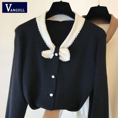 Vangull Patchwork Knitted Women Sweater 2021 Autumn Long Sleeve Turn-down Female Pullovers Button Bow Decoration Ladies Sweater