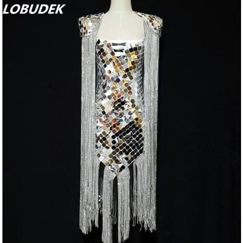 Luxurious Women Stage Wear Silver Long Tassels Mirrors Dress Nightclub Female Singer Performance Costume Host Dress Hand Sewing