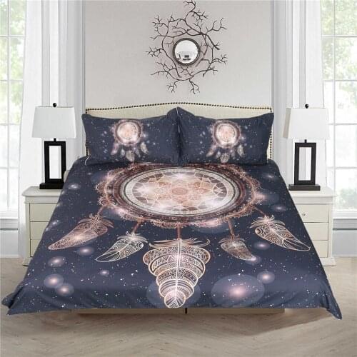 Golden Feather Dreamcatcher Bedding Set,Twin Full Queen King Galaxy Black Print Bohemian Bedclothes 3D Duvet Cover 3Pcs Bedding