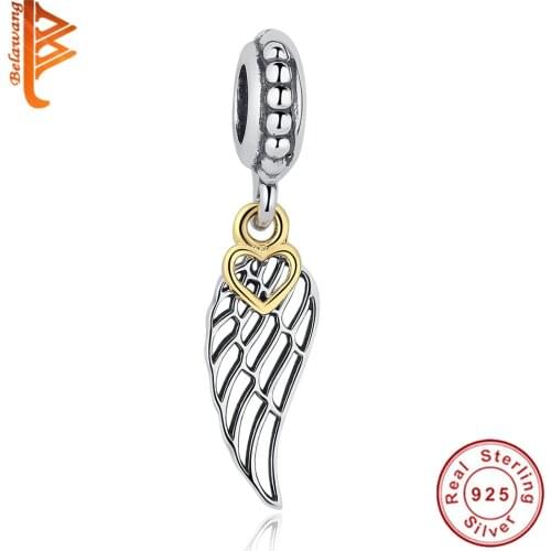 Original 100% 925 Sterling Silver Hollow Wing Charms Bead with Gold Heart Pendant Fit Pandora Bracelets Silver Jewelry Gift