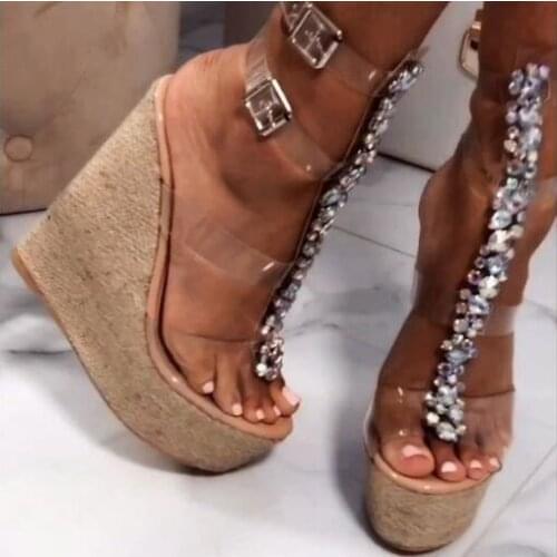 Summer Girls Clear PVC Platform Wedge Sandals Fashion Woman Buckles Bling Bling Diamond Crystal High Heel Sandals Shoes