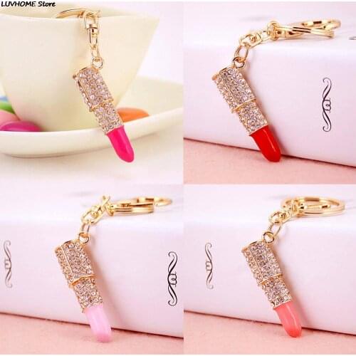 Crystal Rhinestone Lipstick Keyring Golden Charm Pendant Bag Purse Car Key Chain Gift