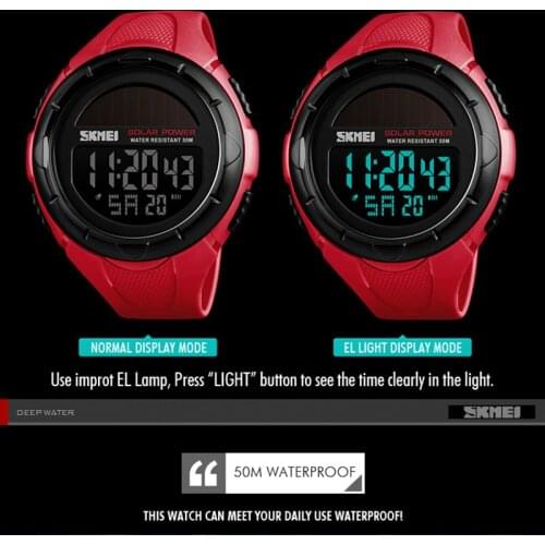 SKMEI Solar Power Men Led Watch 50m Waterproof PU Band Date Week Display Watch Luminous Mens Digital Wristwatch montre homme