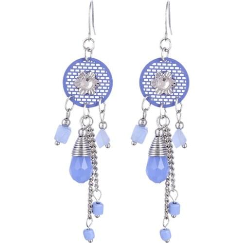 Long Tassel Ethnic Earrings Blue Color Fashion Crystal Hand Made Earrings For Women Bohemian Statement Jewelry