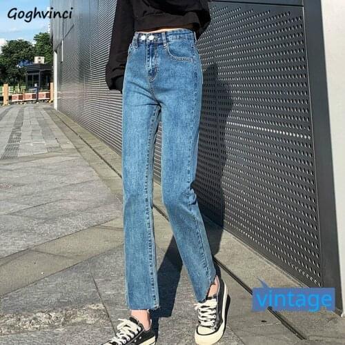 Jeans Women Denim Ripped Vintage Retro Button Ankle-length Elastic High Waist Straight Trousers Koreans Style Casual Female Ins