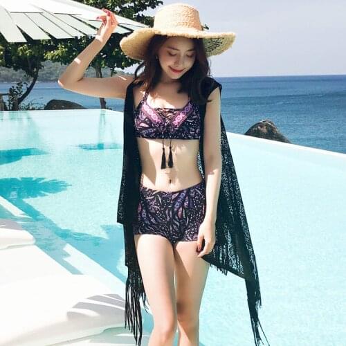 European shark swimsuit sexy three piece set of small chest gathered thin thin flat lace blouse Korean hot spring bikini