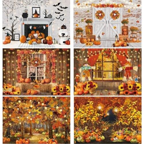 Halloween Thanksgiving Birthday Party Backdrop Autumn Harvest Pumpkin Maple Leaves Light Decoration Photo Background Photography