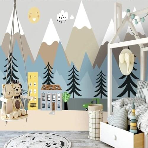 Custom Photo Wallpaper Modern Hand-painted 3D Cartoon Nordic Mountain House Mural Childrens Bedroom Background Wall Painting 3D