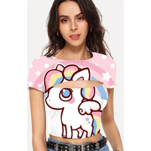 Somepet Unicorn T-shirt Women Animal T-shirts 3d Rainbow Hollow Out T shirts Colorful Shirt Print Short Sleeve Hip Hop Short
